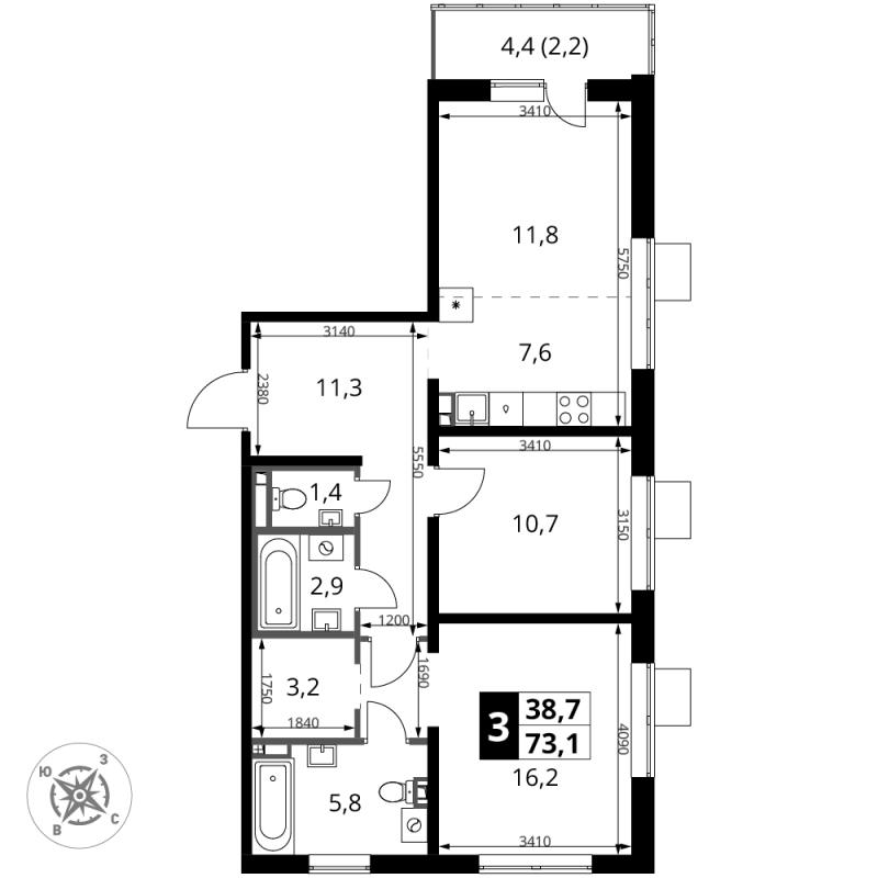 3 ккв (Евро) 73,1 м²