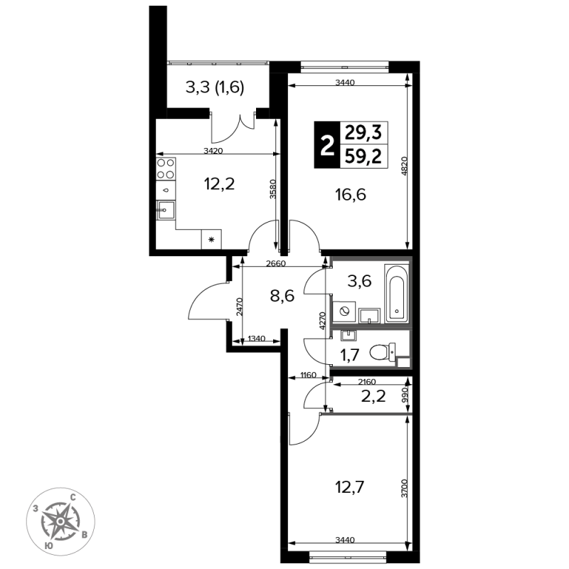 2 ккв 60,5 м²
