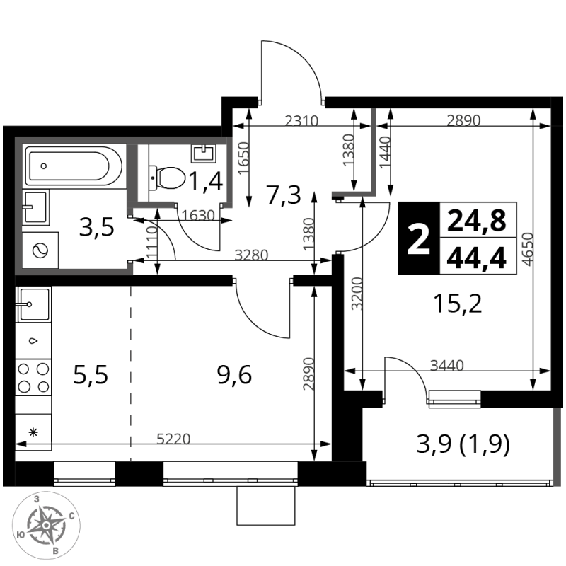 2 ккв (Евро) 44,4 м²