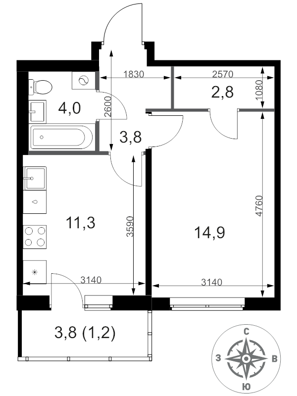 1 ккв 38 м²