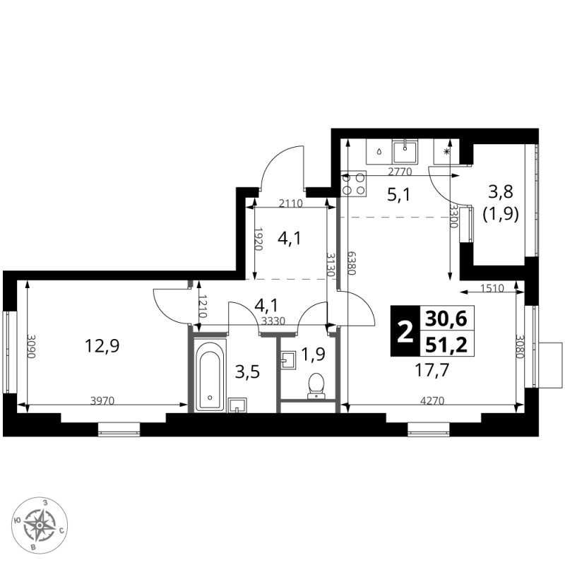 2 ккв (Евро) 51,2 м²