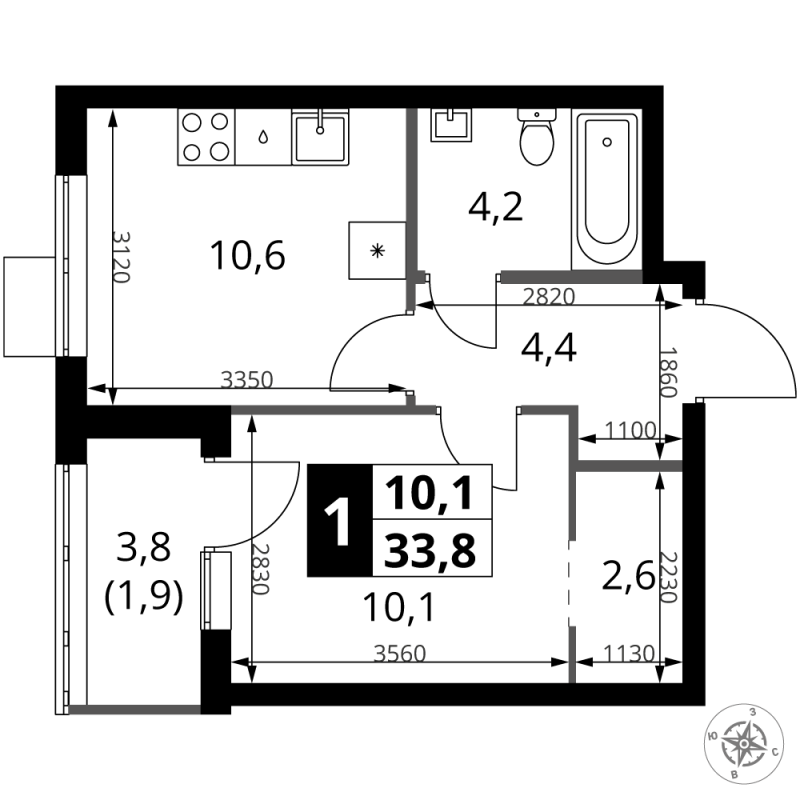 1 ккв 33,8 м²