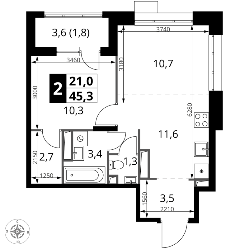 2 ккв (Евро) 45,3 м²