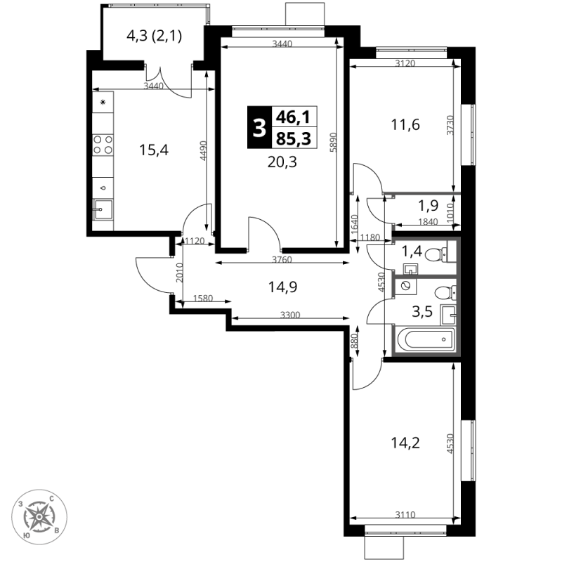4 ккв (Евро) 85,4 м²