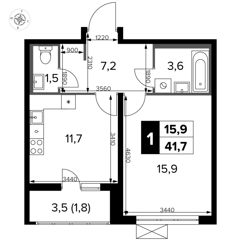 1 ккв 42,7 м²
