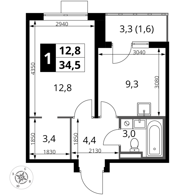 1 ккв 34,5 м²