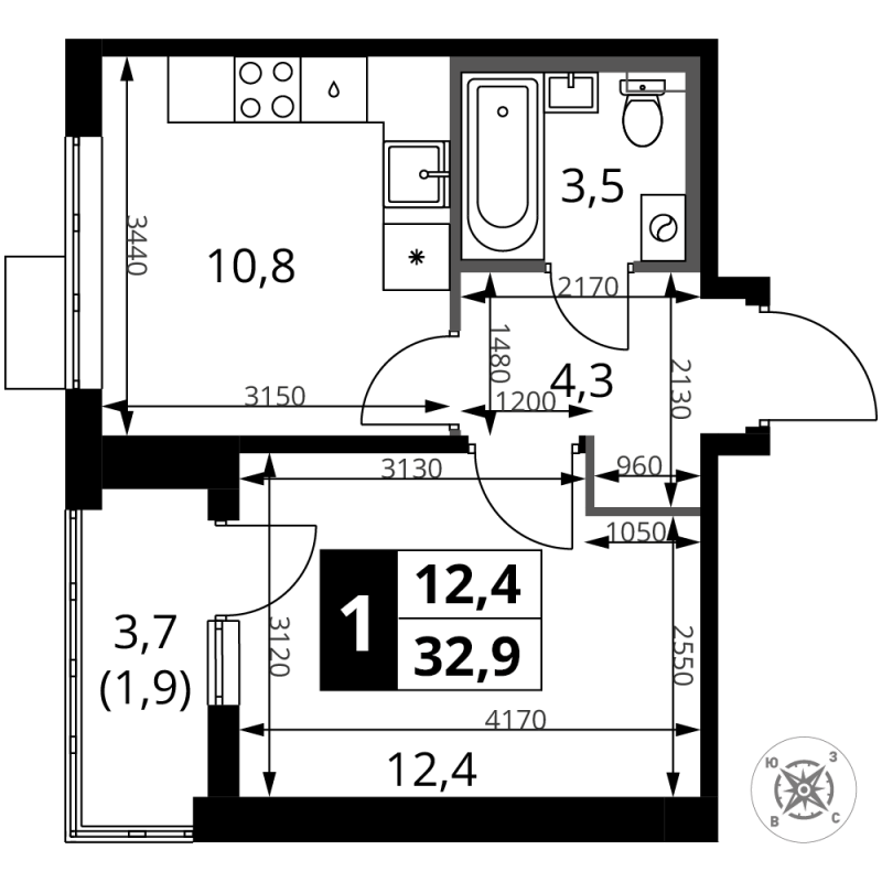 1 ккв 32,9 м²