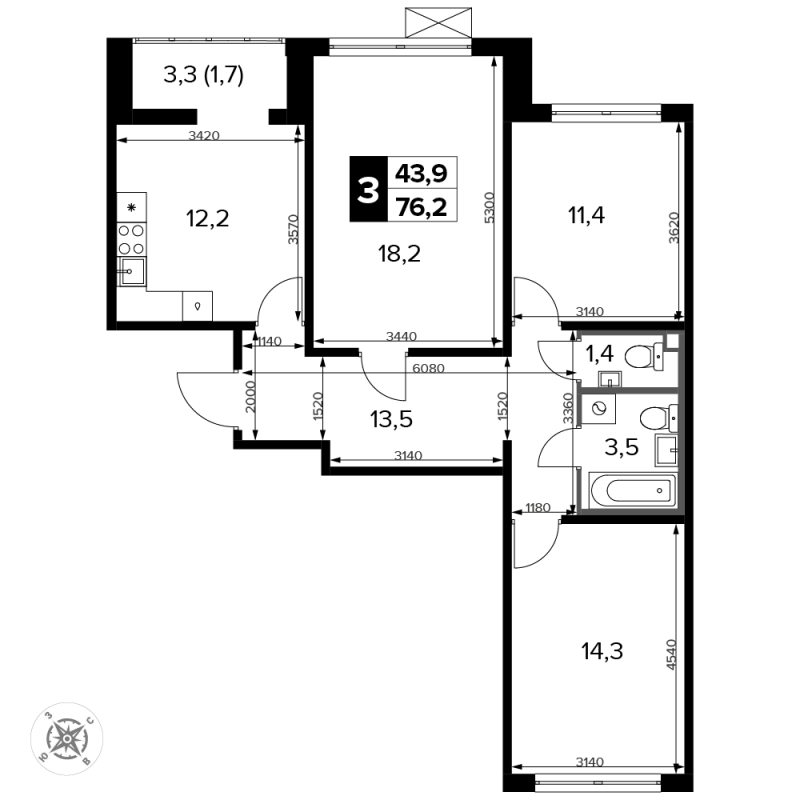 3 ккв 76,4 м²