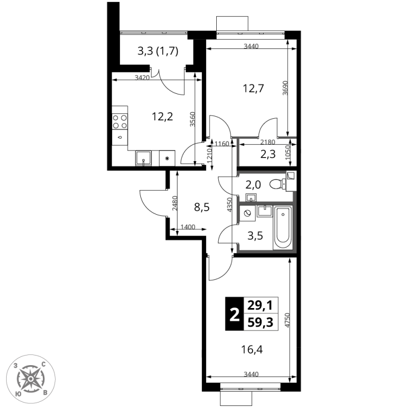 2 ккв 59,3 м²
