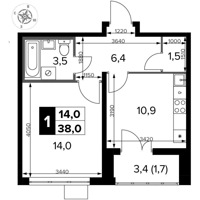 1 ккв 38 м²
