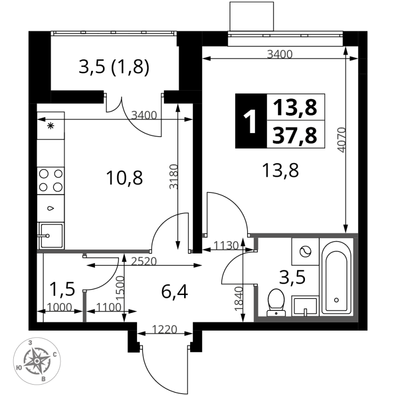 1 ккв 37,8 м²