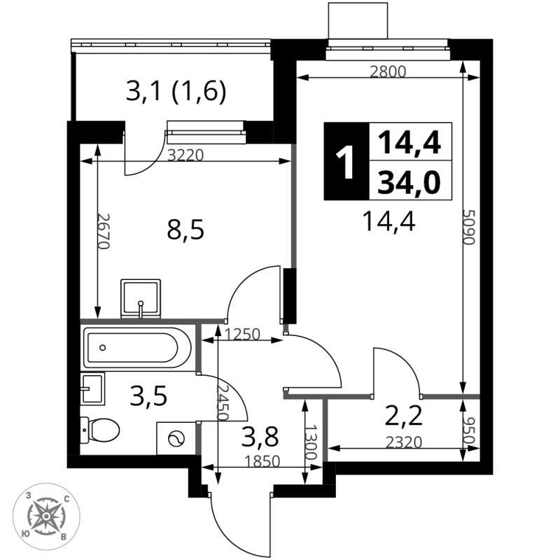 1 ккв 34 м²