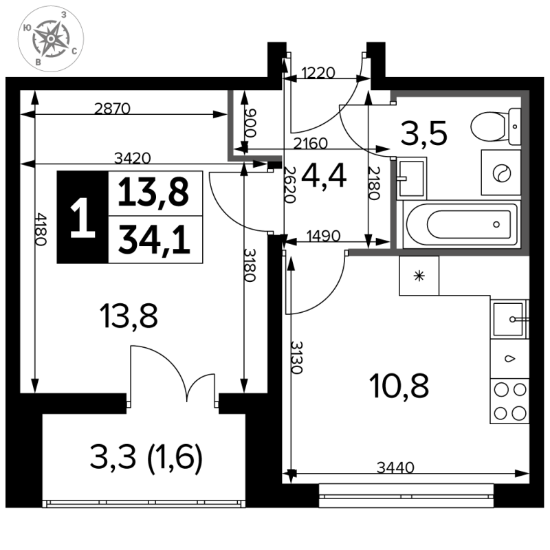 1 ккв 34,5 м²