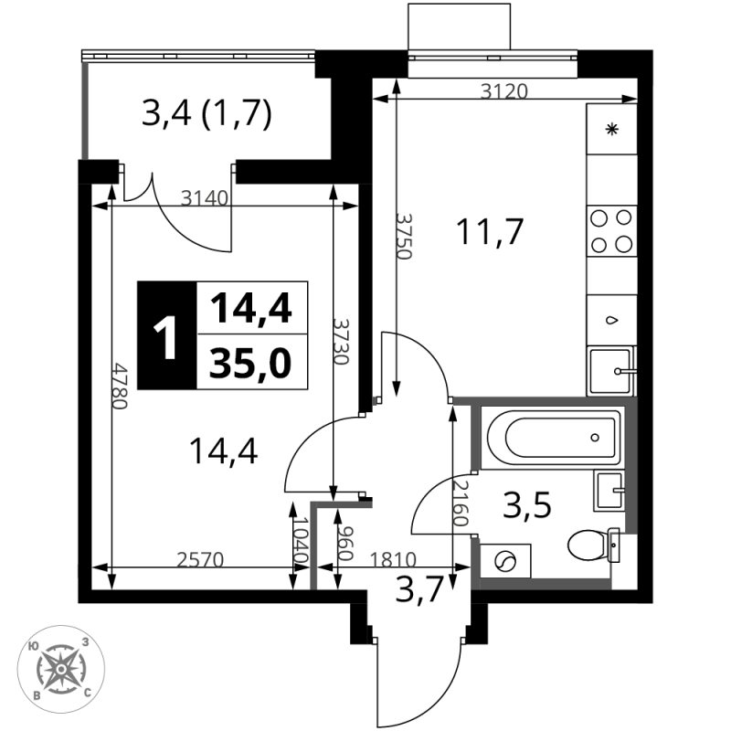 1 ккв 35 м²