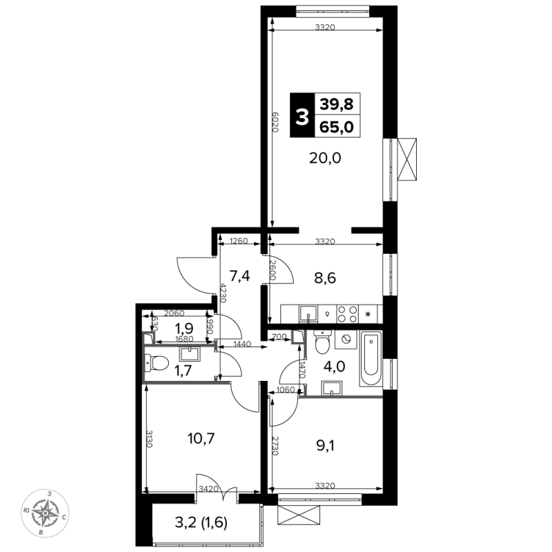 3 ккв (Евро) 65,4 м²