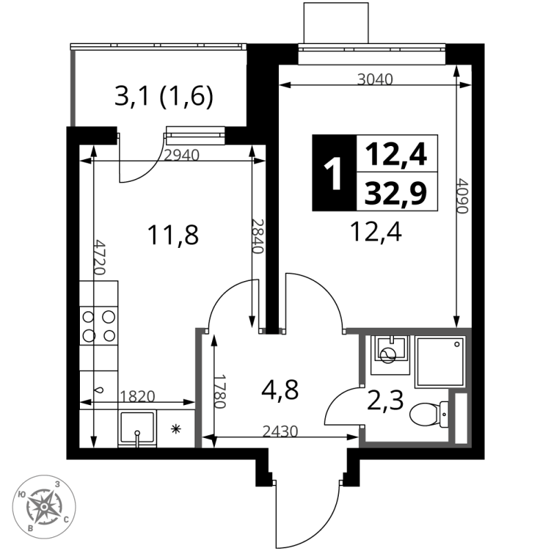 1 ккв 32,9 м²