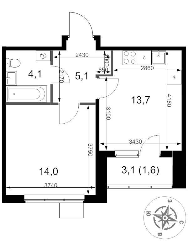 1 ккв 38,5 м²