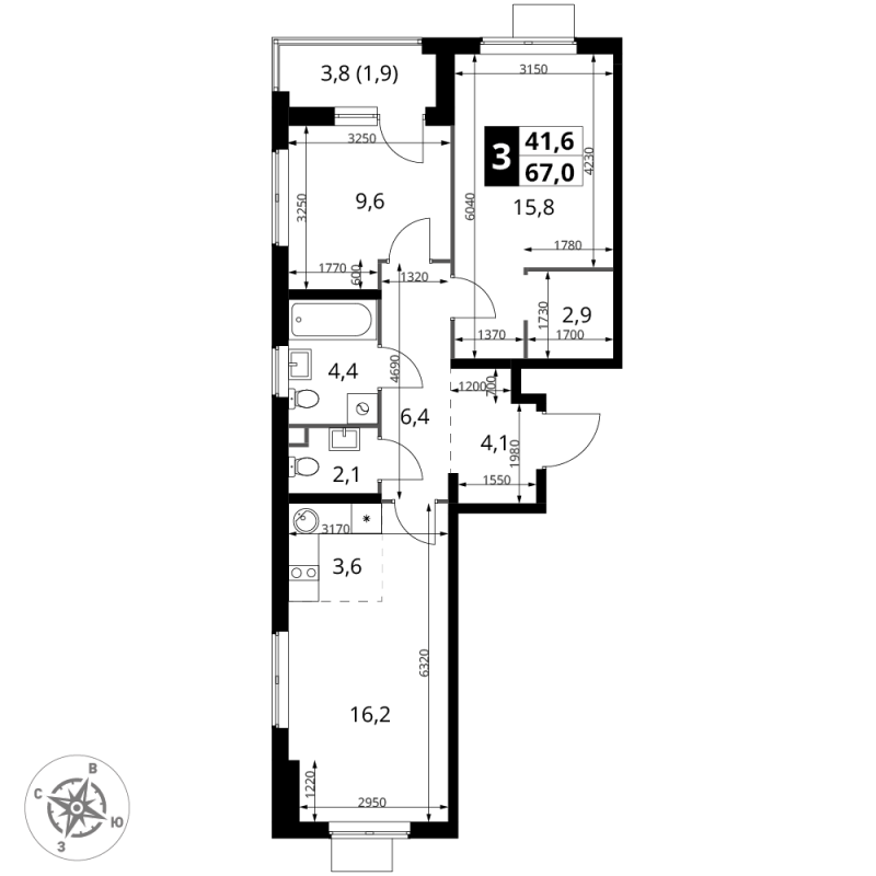 3 ккв (Евро) 67 м²
