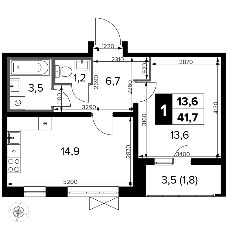 2 ккв (Евро) 42,9 м²