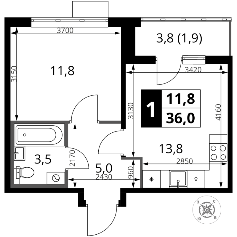 1 ккв 36 м²