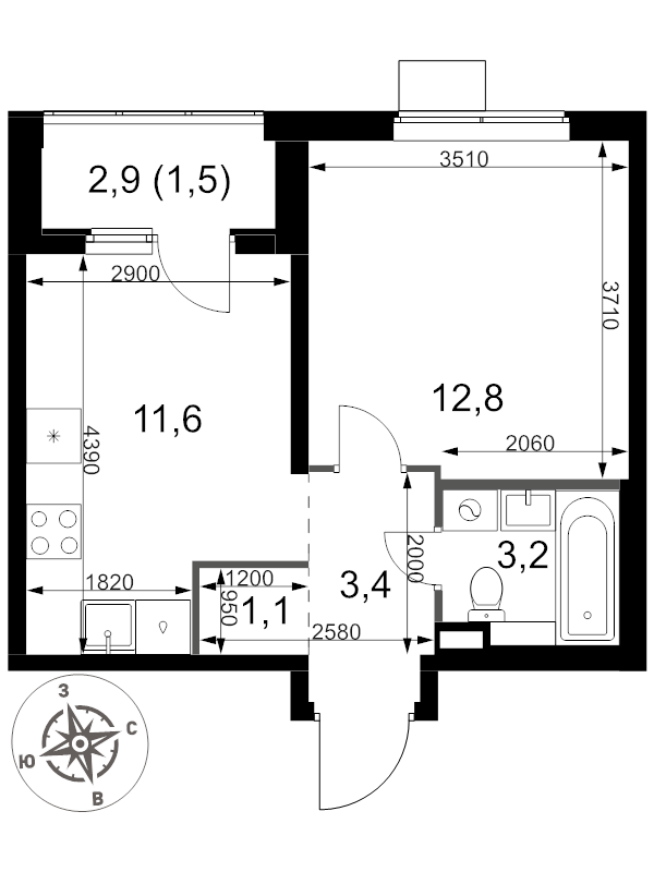 1 ккв 33,6 м²