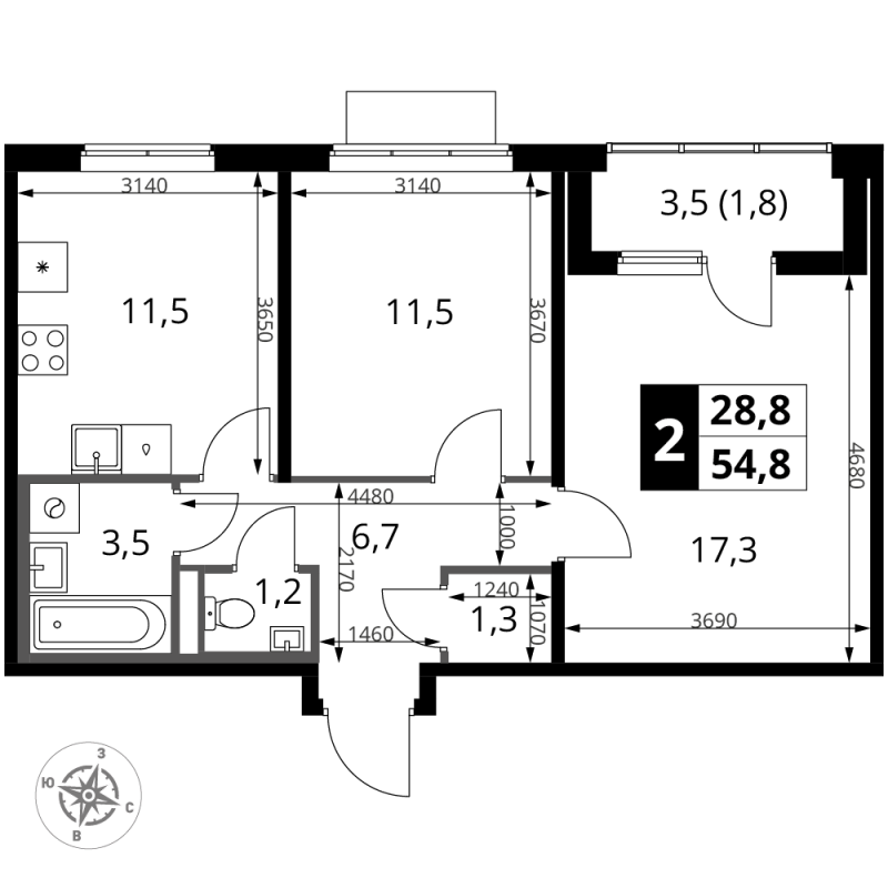 2 ккв 54,8 м²