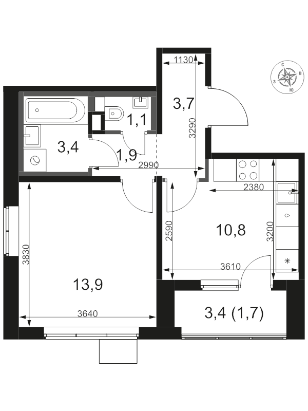 1 ккв 36,5 м²