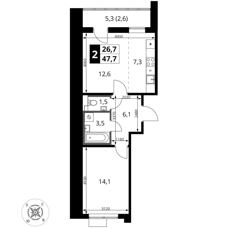 2 ккв (Евро) 47,7 м²
