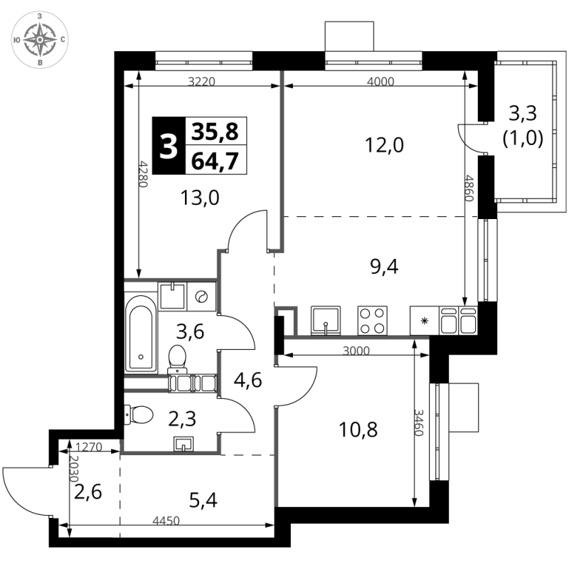 3 ккв (Евро) 64,7 м²