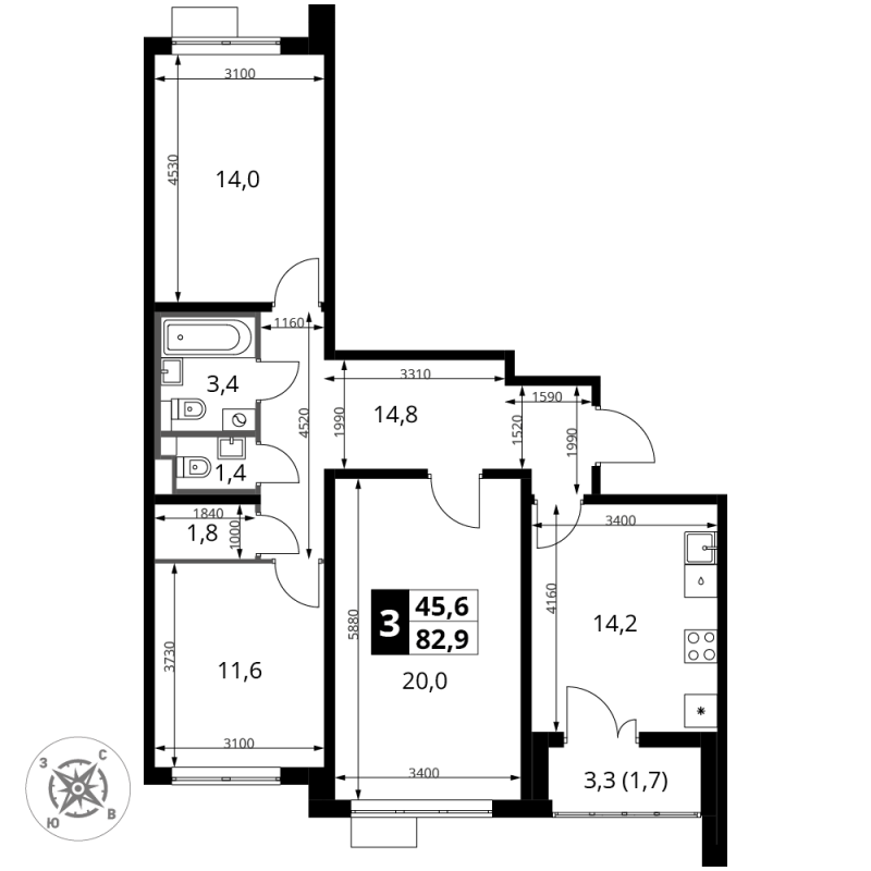 3 ккв 83 м²