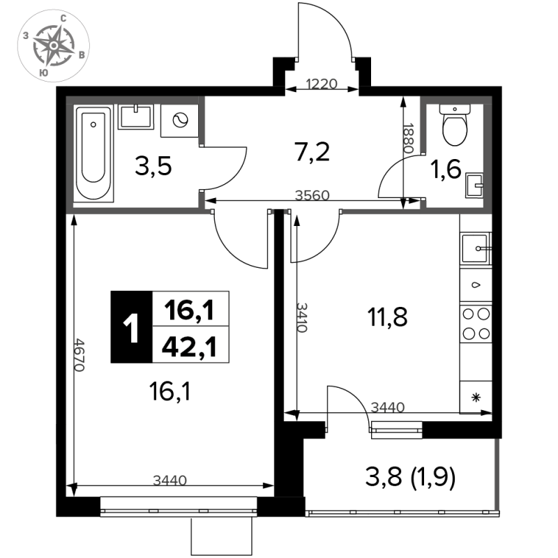 1 ккв 42,1 м²