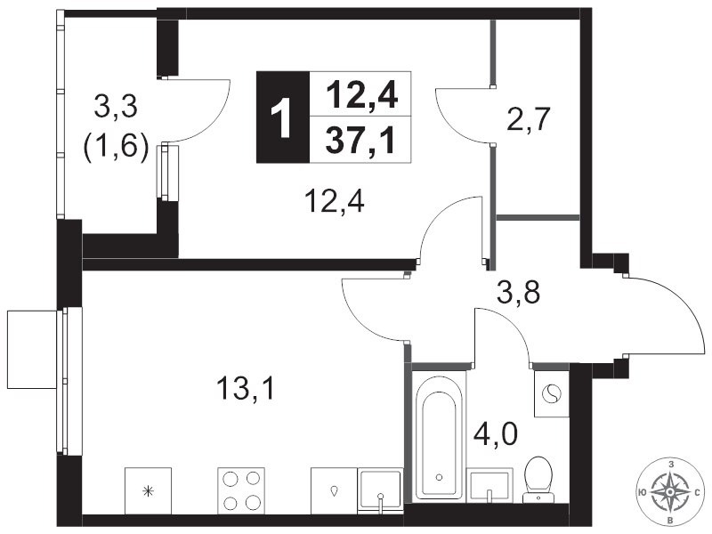 1 ккв 37,6 м²