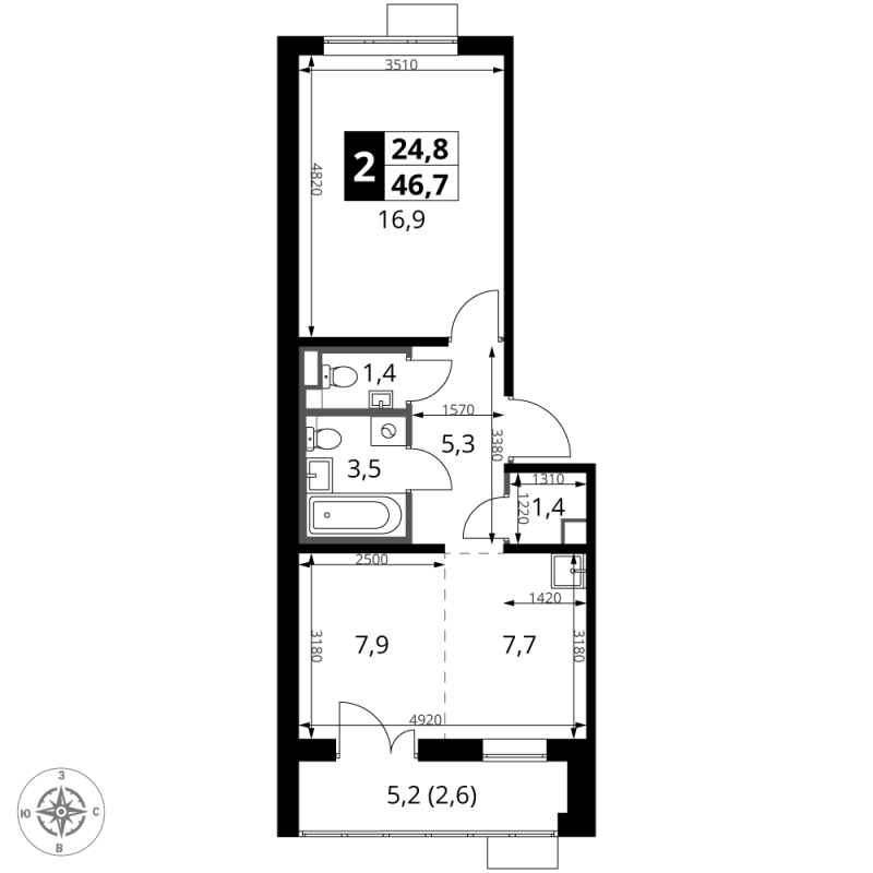 2 ккв (Евро) 46,7 м²