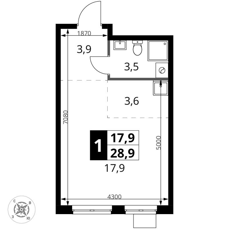 Студия 28,9 м²