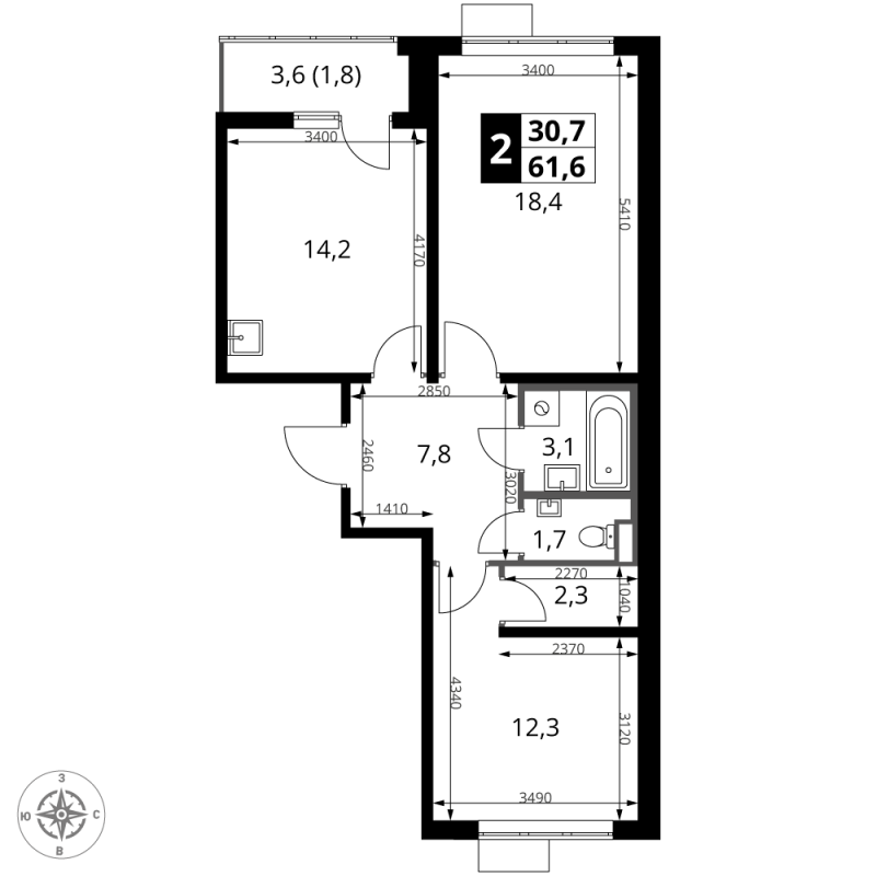 2 ккв 61,6 м²