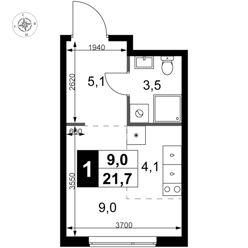 Студия 21,7 м²