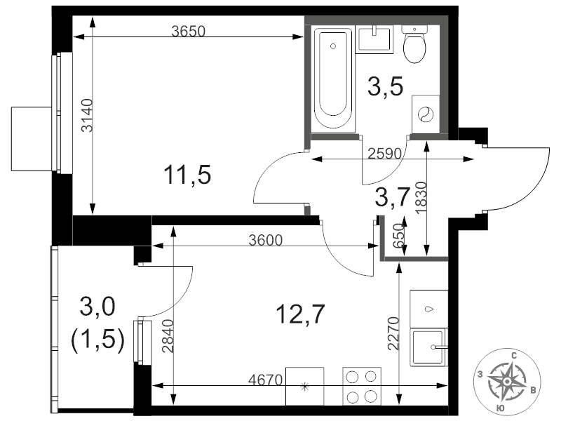 1 ккв 33,5 м²