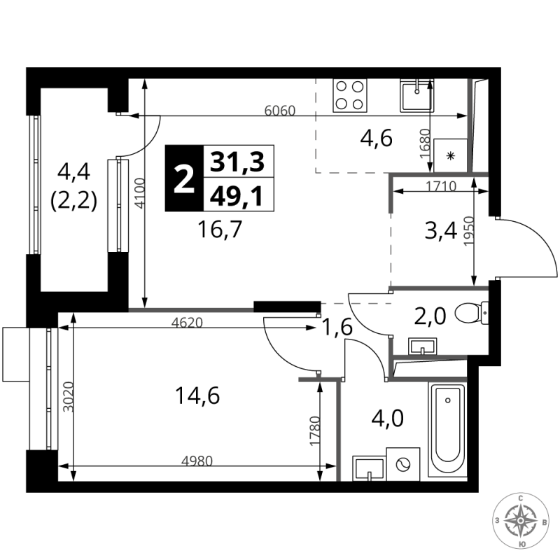 2 ккв (Евро) 49,1 м²