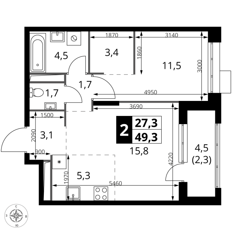 2 ккв (Евро) 49,3 м²