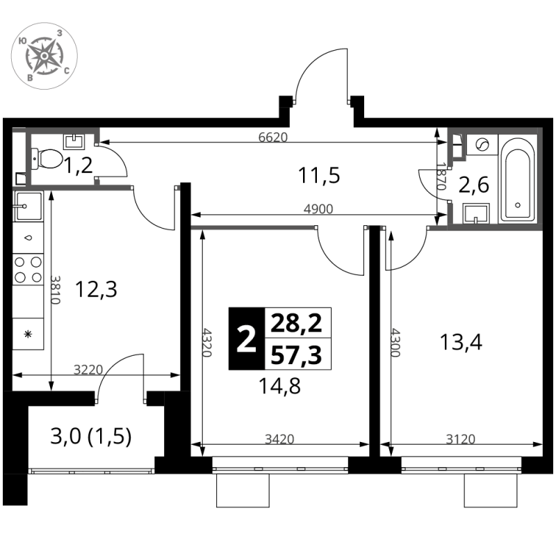 2 ккв 57,3 м²