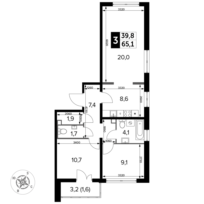 3 ккв (Евро) 65,3 м²