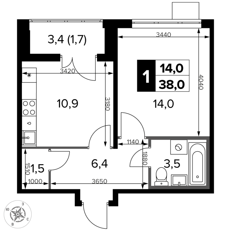 1 ккв 38 м²