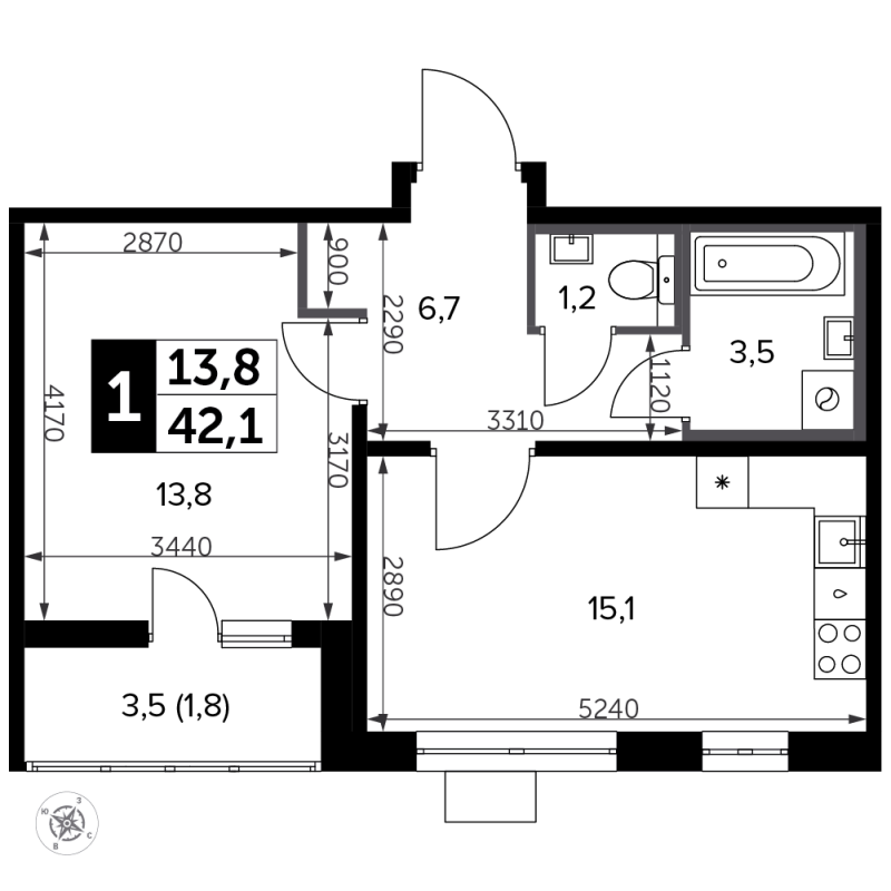 2 ккв (Евро) 43,4 м²