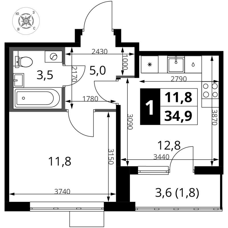 1 ккв 34,9 м²