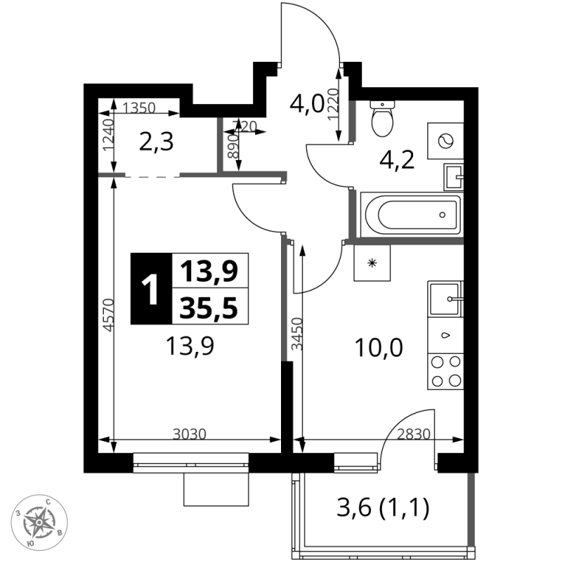 1 ккв 35,5 м²