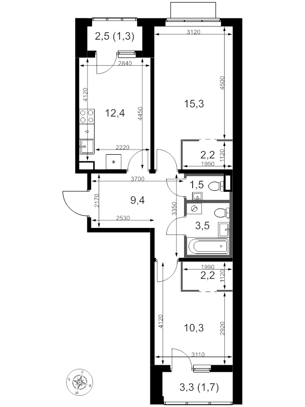 2 ккв 60,6 м²