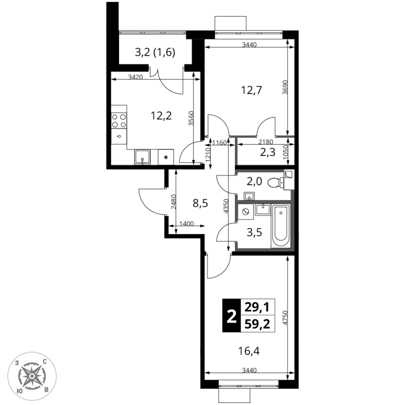 2 ккв 59,2 м²