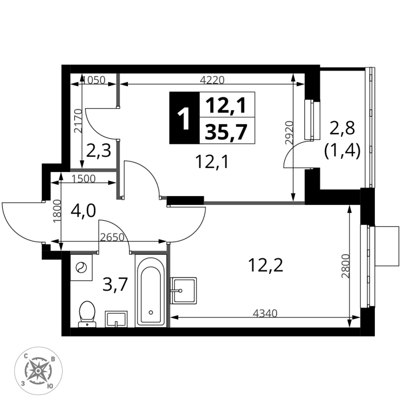 1 ккв 35,7 м²