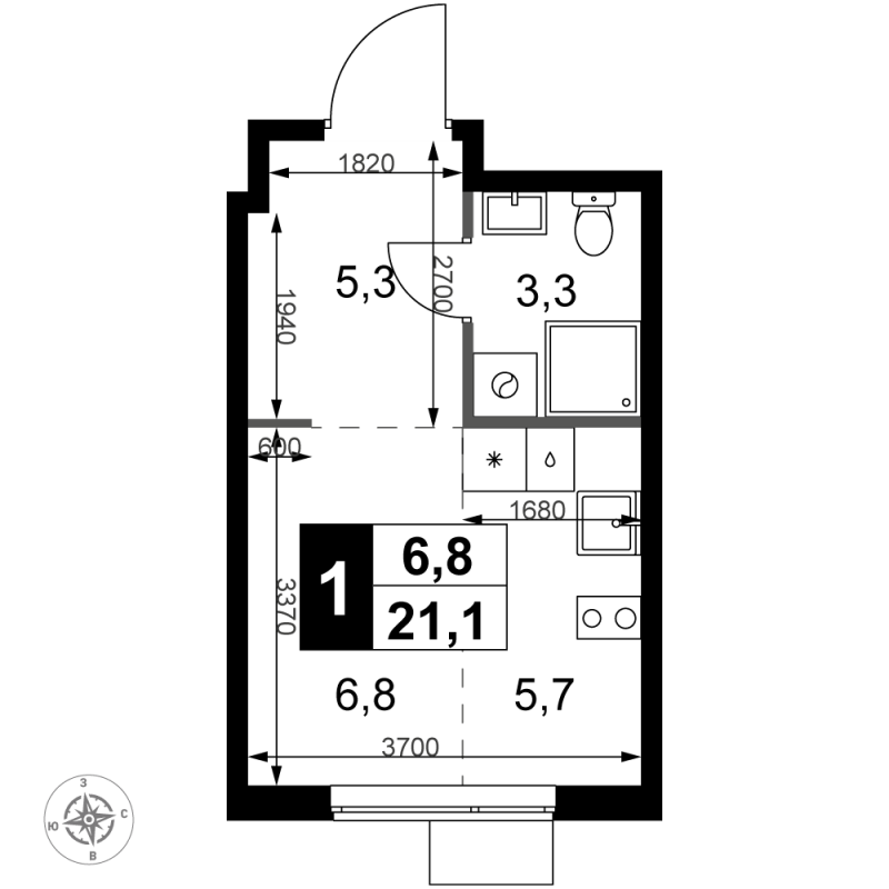 Студия 21,1 м²