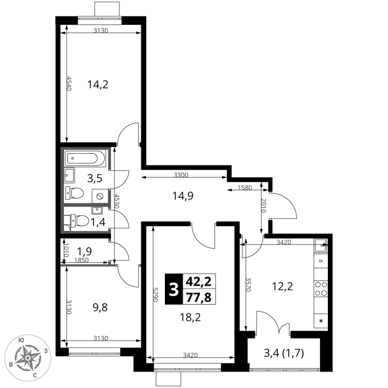3 ккв 77,9 м²